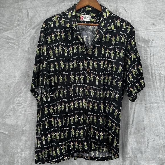 Hilo Hattie Hawaiian Shirt Mens Large Black Vintage Made in USA Button Hula - Picture 1 of 8